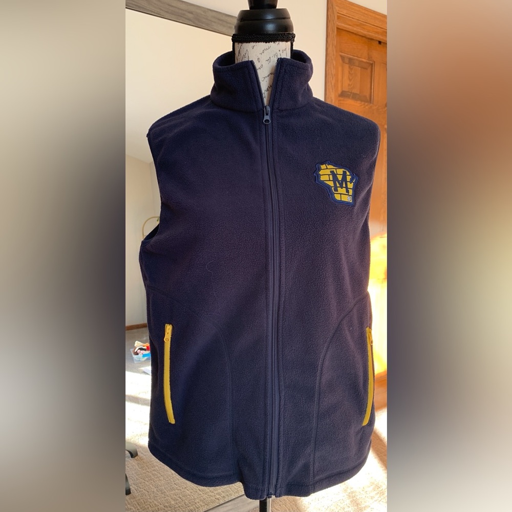 Milwaukee Brewers Vest Men's Medium Blue Full Zip Fleece Hupy & Abraham Logo